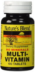 Nature's Blend multivitamin bottle with no minerals, gluten-free daily balance.