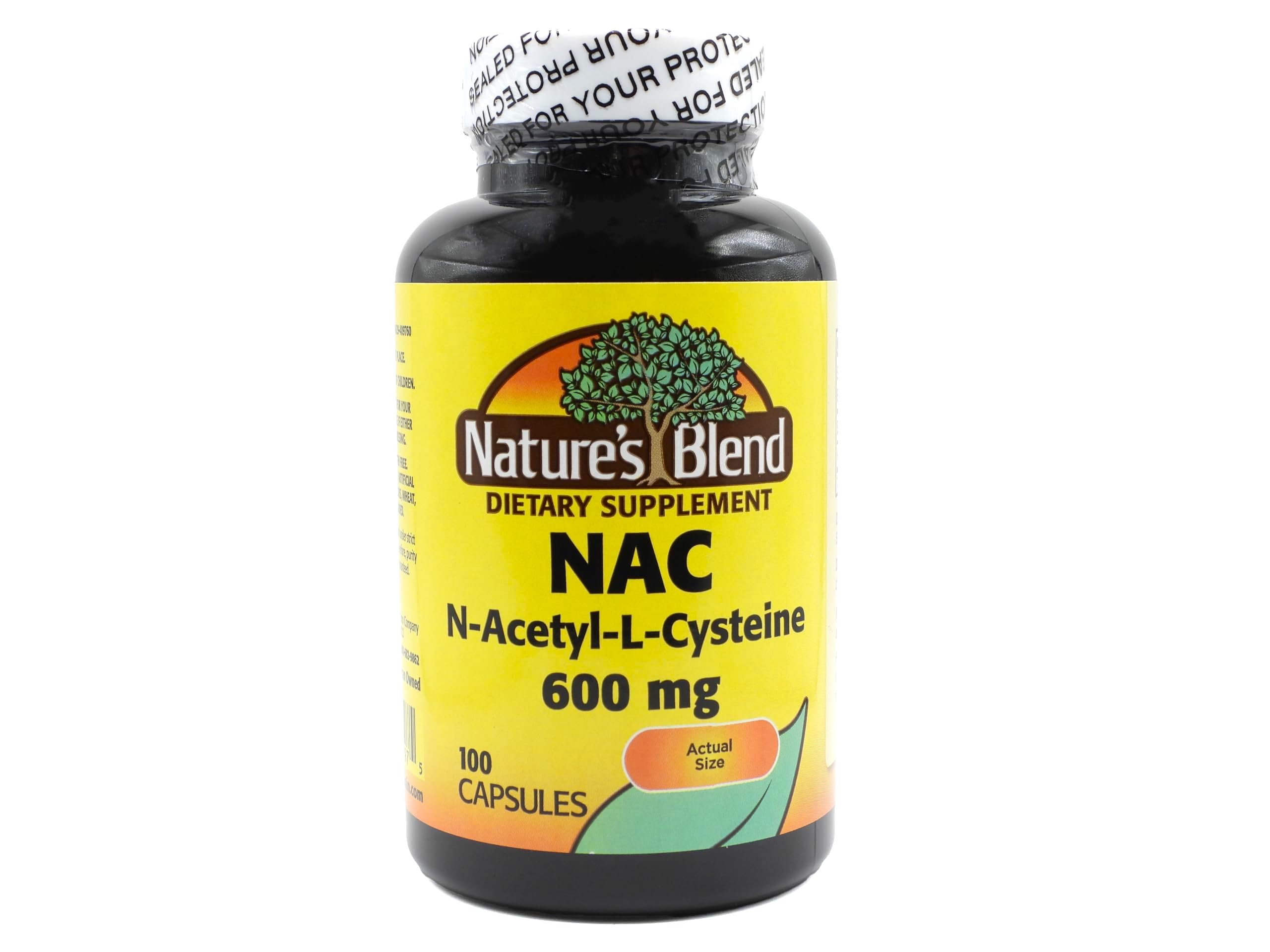 Nature's Blend NAC supplement bottle shows 600 mg capsules for immune support.