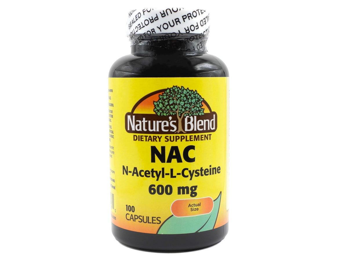 Nature's Blend NAC supplement bottle shows 600 mg capsules for immune support.