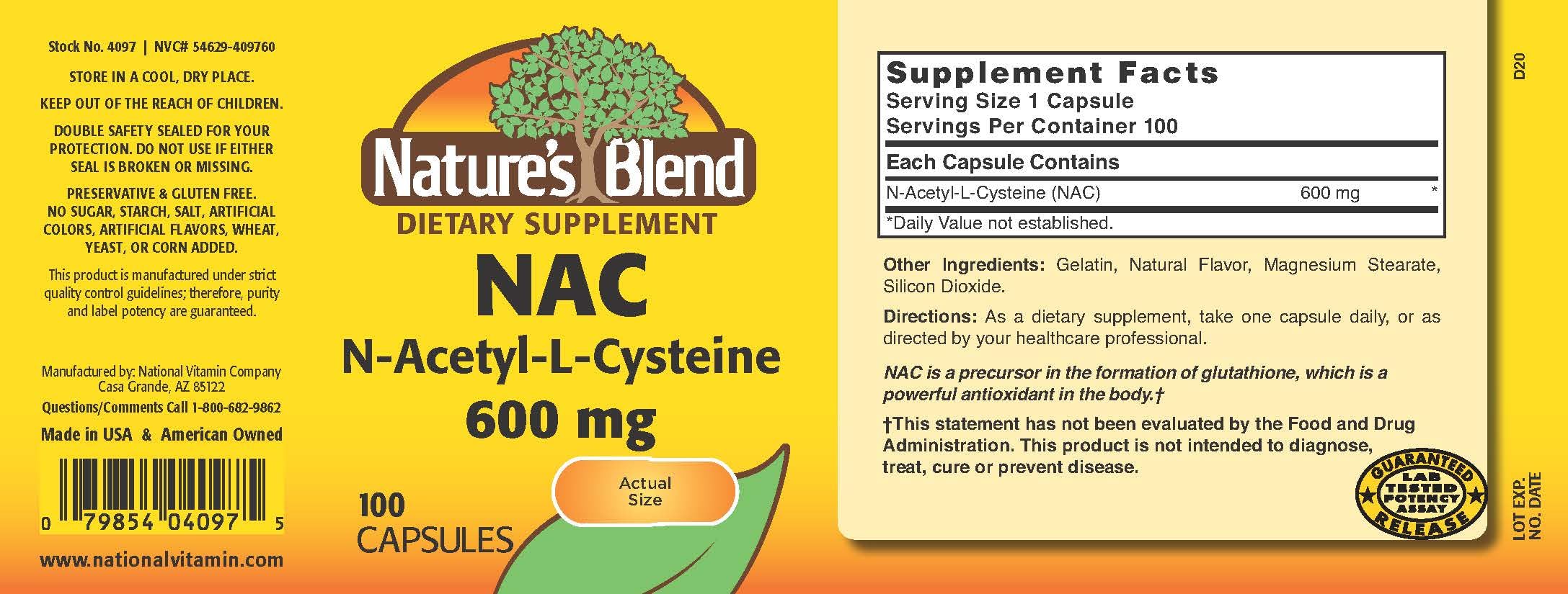 Nature's Blend NAC supplement label highlighting antioxidant and detox support benefits.
