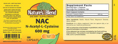 Nature's Blend NAC supplement label highlighting antioxidant and detox support benefits.