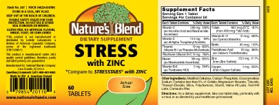Nature's Blend NAT B Stress Formula label emphasizes zinc support for daily balance.