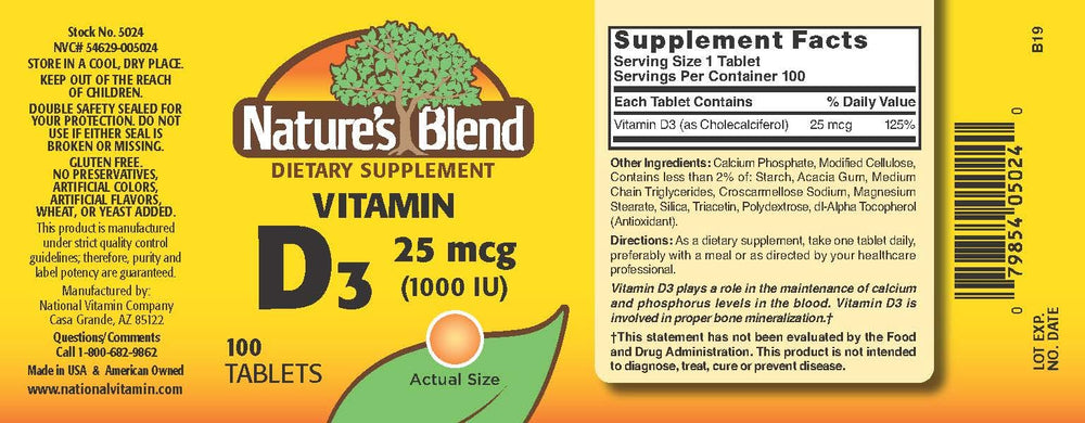Nature's Blend NAT B Vitamin D3 TB 1000IU tablets close-up for easy dosing.