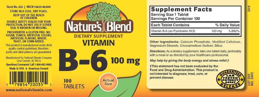 Nature's Blend NAT B-6 tablets close-up showing the 100 mg dose