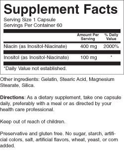 Nature's Blend Niacin No Flush 400 mg label view highlights 60 capsules and inositol niacinate.