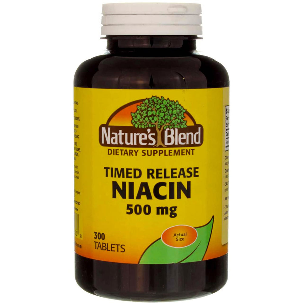 Nature's Blend Niacin Timed Release bottle with 300 tabs for steady daily intake.