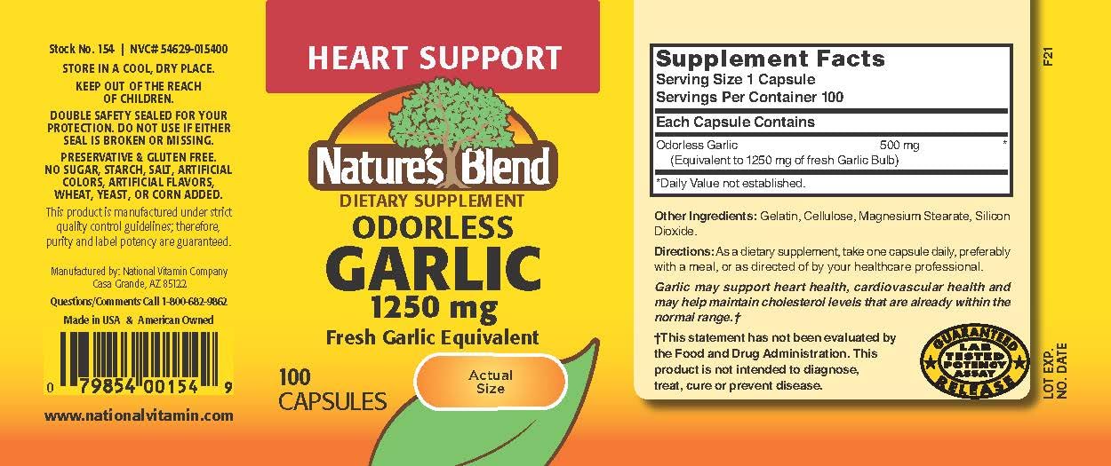 Nature's Blend Odorless Garlic capsules close-up, gluten-free daily supplement for heart health.