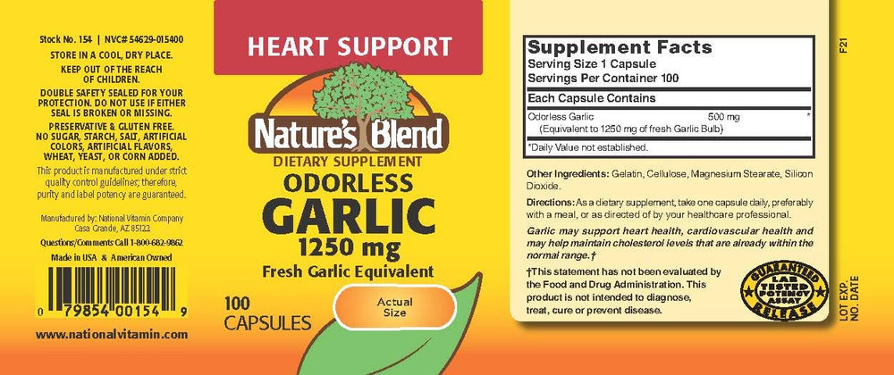 Nature's Blend Odorless Garlic capsules close-up, gluten-free daily supplement for heart health.