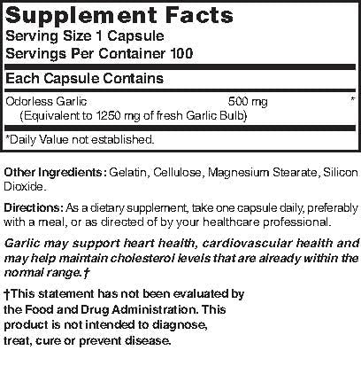 Nature's Blend Odorless Garlic label close-up, allicin-rich formula for immune support.