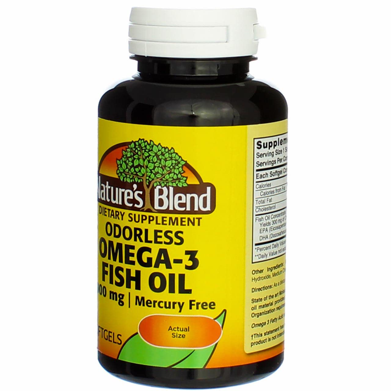 Nature's Blend Omega-3 odorless capsules close-up showing smooth texture.
