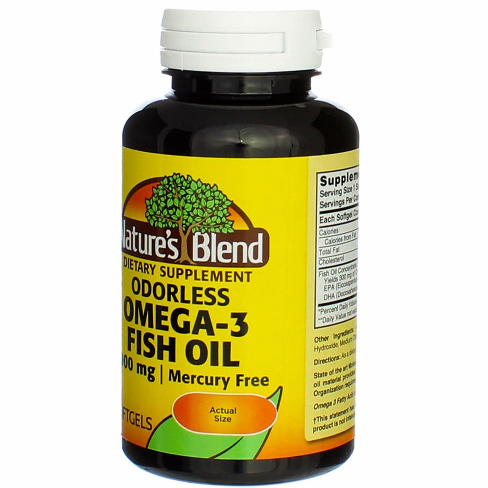 Nature's Blend Omega-3 odorless capsules close-up showing smooth texture.