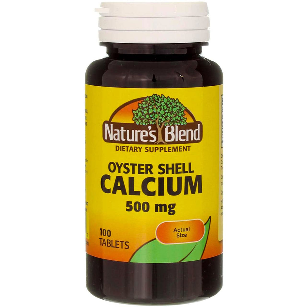 Nature's Blend oyster shell calcium tablets bottle showing gluten-free and alcohol-free formula.