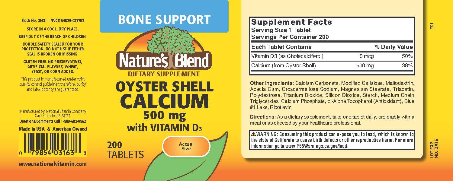 Nature's Blend Oyster Shell Calcium with D3, back label shows gluten-free formula