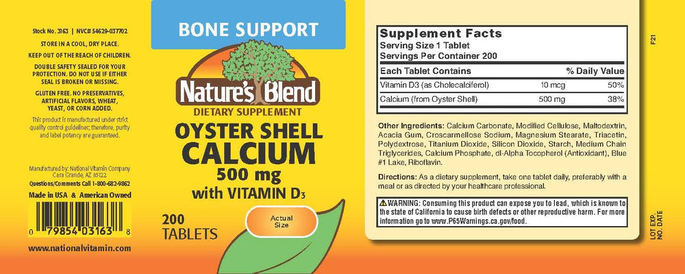 Nature's Blend Oyster Shell Calcium with D3, back label shows gluten-free formula