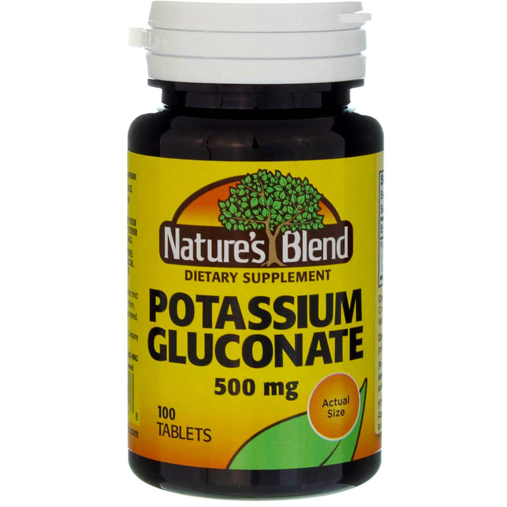 Nature's Blend Potassium Gluconate 500 mg bottle view shows 100-count bottle for daily use.