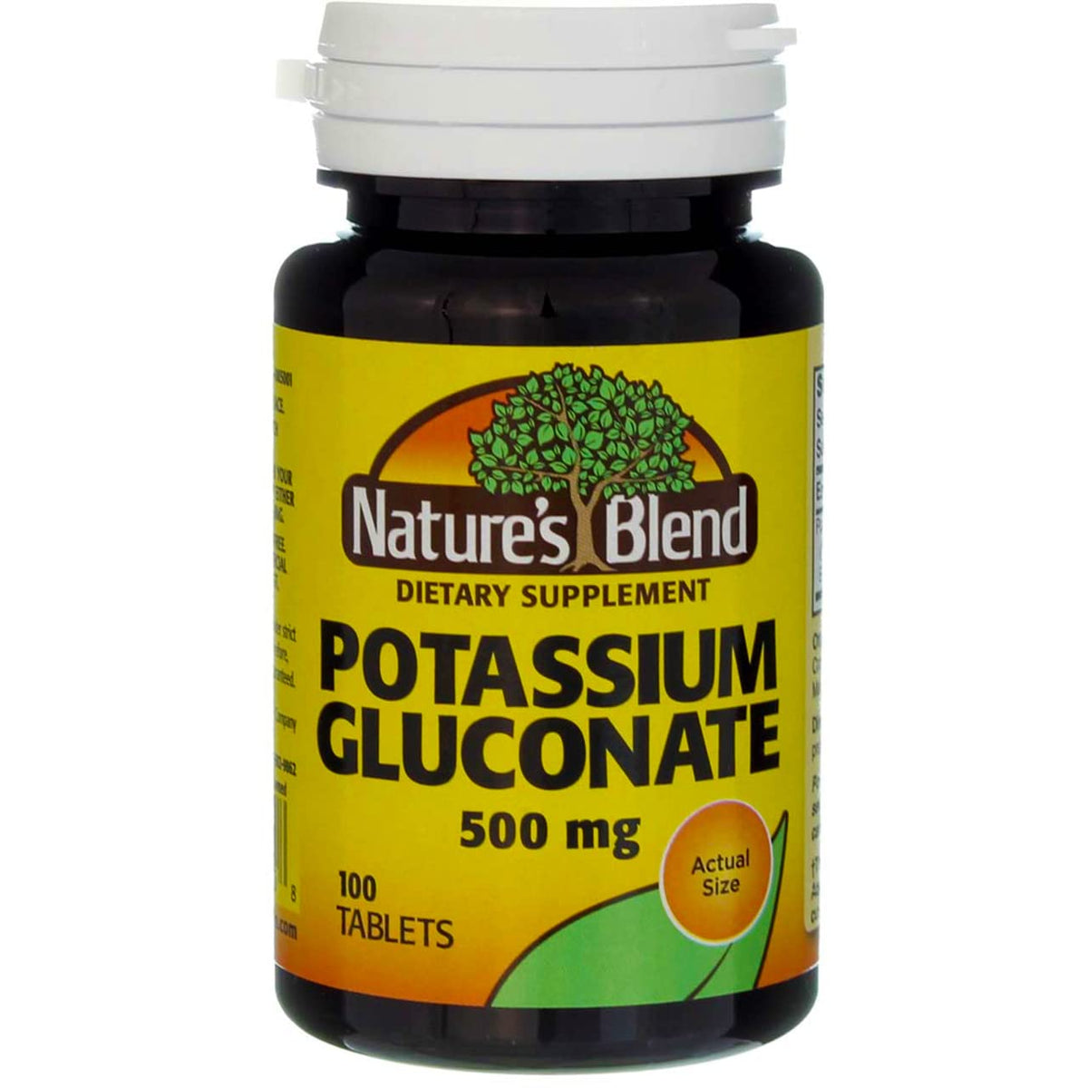 Nature's Blend Potassium Gluconate 500 mg bottle view shows 100-count bottle for daily use.