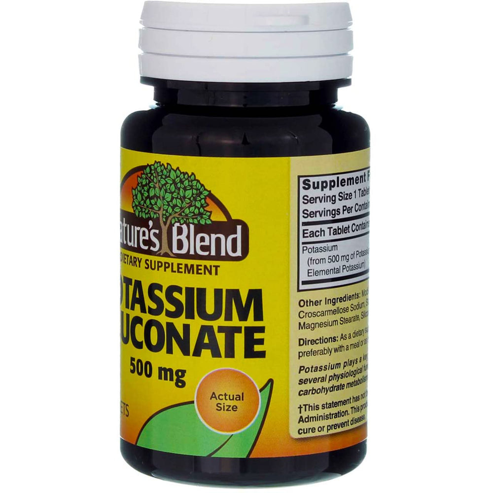 Nature's Blend Potassium Gluconate 500 mg nutrition panel displays potassium content per tablet.