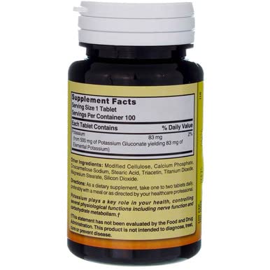Nature's Blend Potassium Gluconate 500 mg side view of the bottle and tablets.