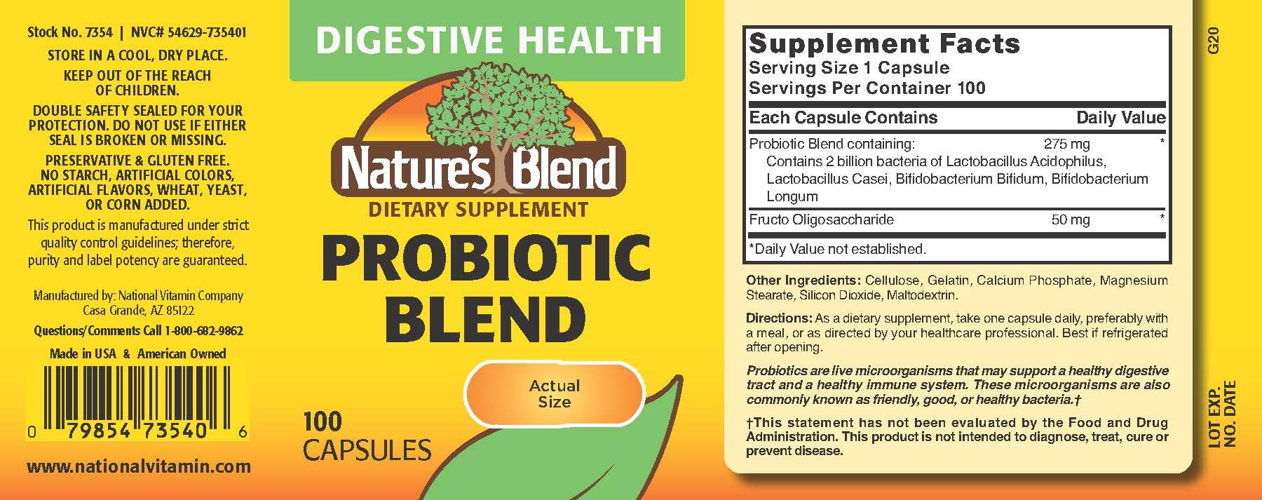 Nature's Blend Probiotic Blend capsules in a bottle for gluten-free daily probiotic support