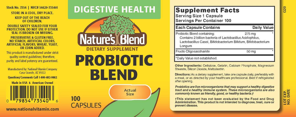 Nature's Blend Probiotic Blend capsules in a bottle for gluten-free daily probiotic support