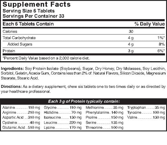 Nature's Blend protein tablets honey flavor serving pack emphasizes gluten-free protein for daily nourishment.