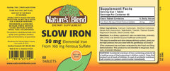 Nature's Blend Slow Iron label closeup—clear dosage and branding.