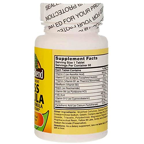 Nature's Blend Stress Formula nutrition facts graphic communicates vitamin C, E, and B-complex profile