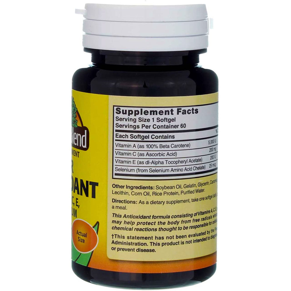 Nature's Blend Super Antioxidant Aces softgels inside vial, travel-friendly daily caplets