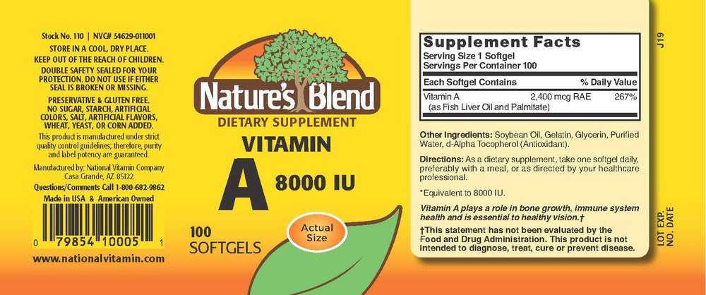 Nature's Blend Vitamin A 8000 IU softgels bolster immune function.