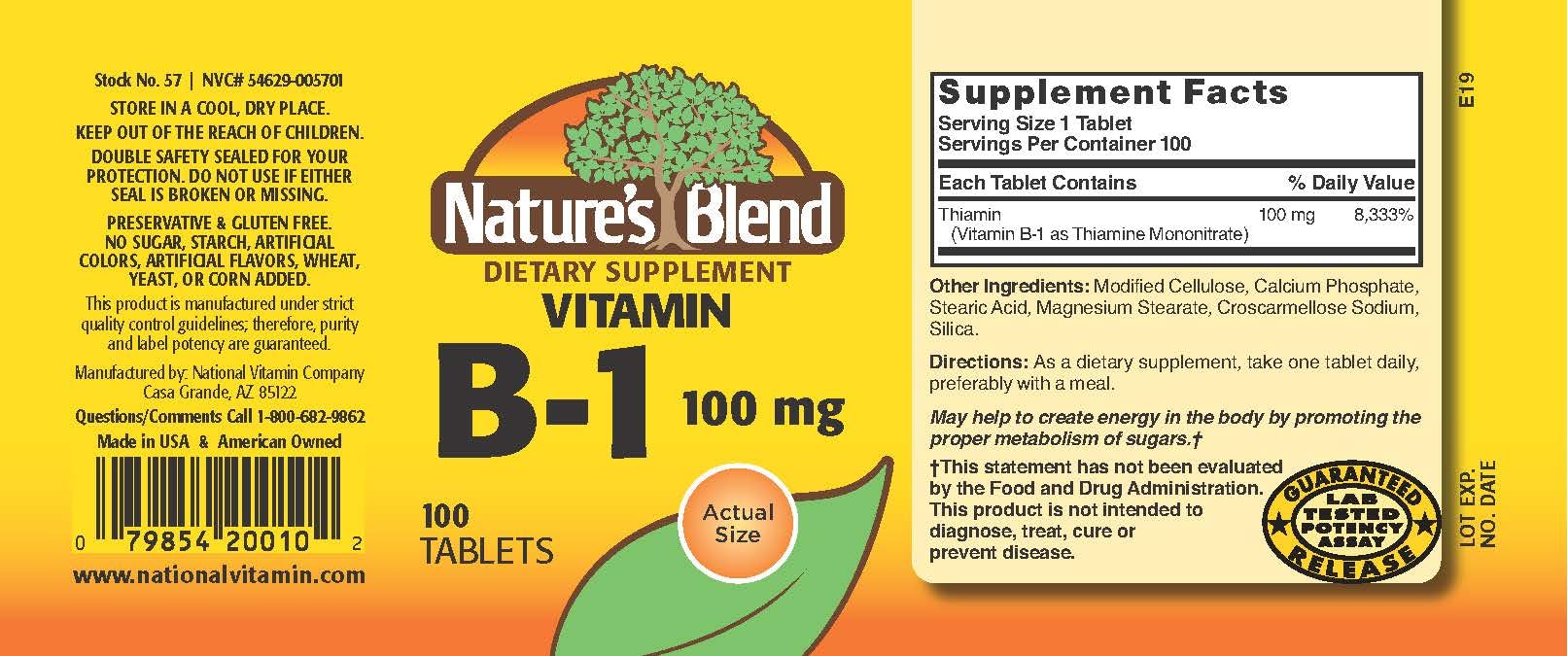 Nature's Blend Vitamin B-1 100mg tablets close-up showing small, round pills for daily use.