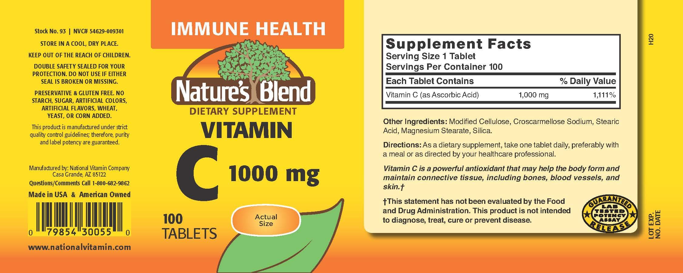 Nature's Blend Vitamin C 1000 mg tablets close-up for daily wellness.