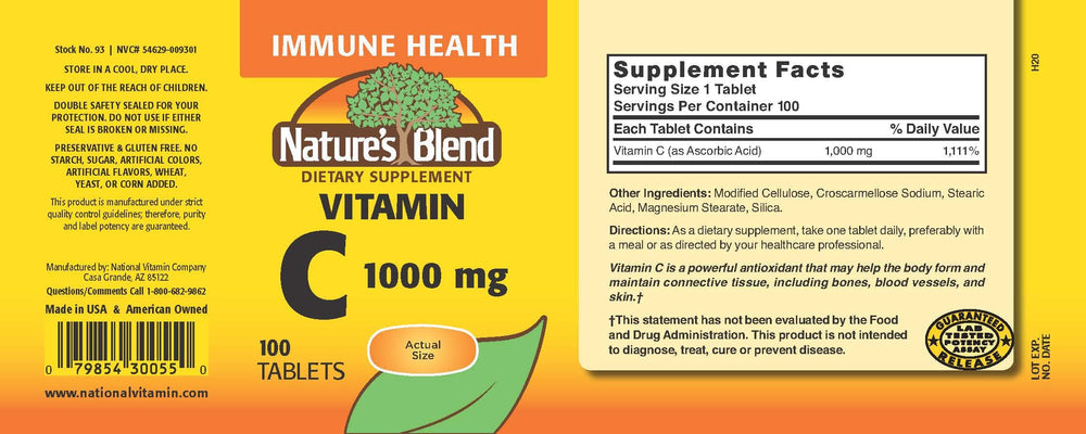 Nature's Blend Vitamin C 1000 mg tablets close-up for daily wellness.