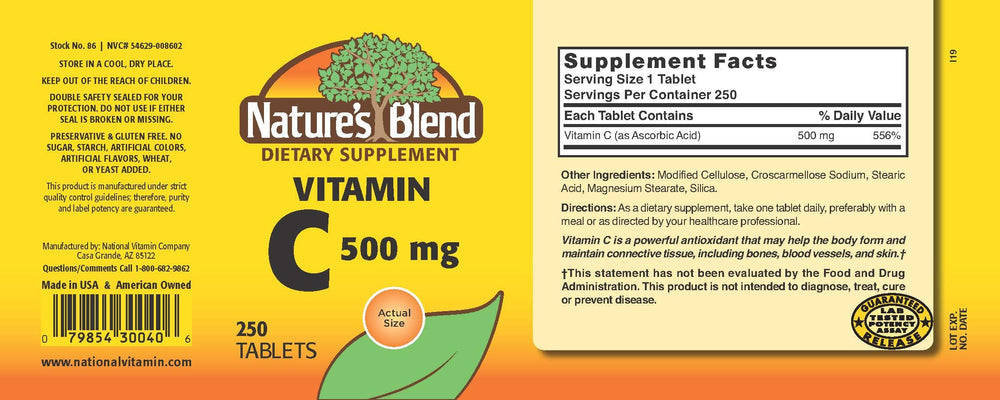 Close-up of Nature's Blend 500 mg vitamin C tablet, compact and easy-to-swallow