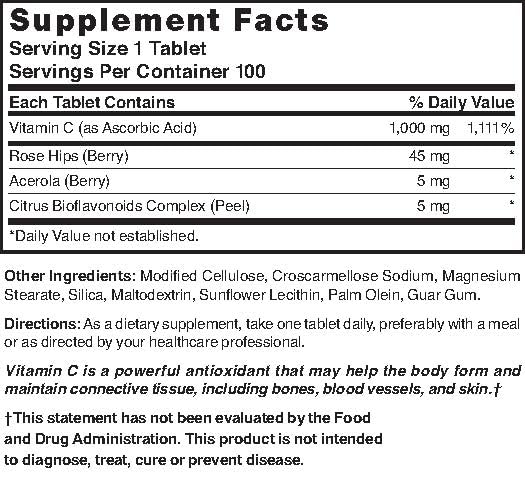 Nature's Blend Vitamin C tablets dosage image shows convenient 100-count bottle.