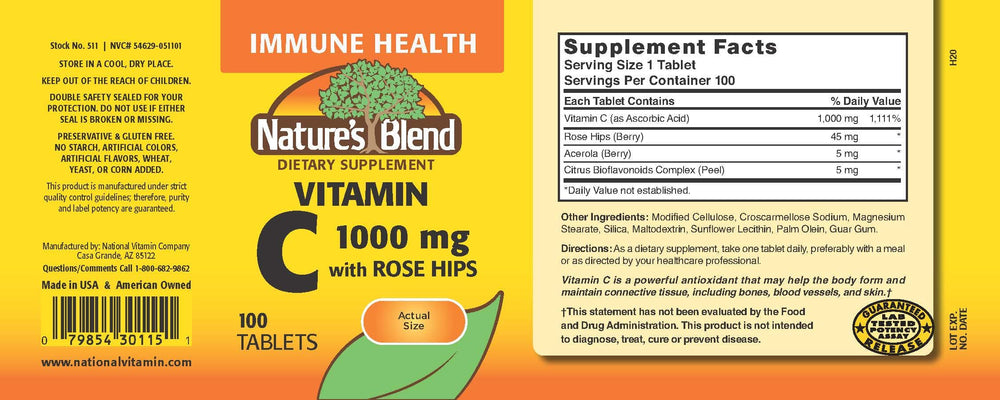 Nature's Blend Vitamin C bottle label closeup highlighting rose hips and potency.