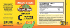 Nature's Blend Vitamin C bottle label closeup highlighting rose hips and potency.