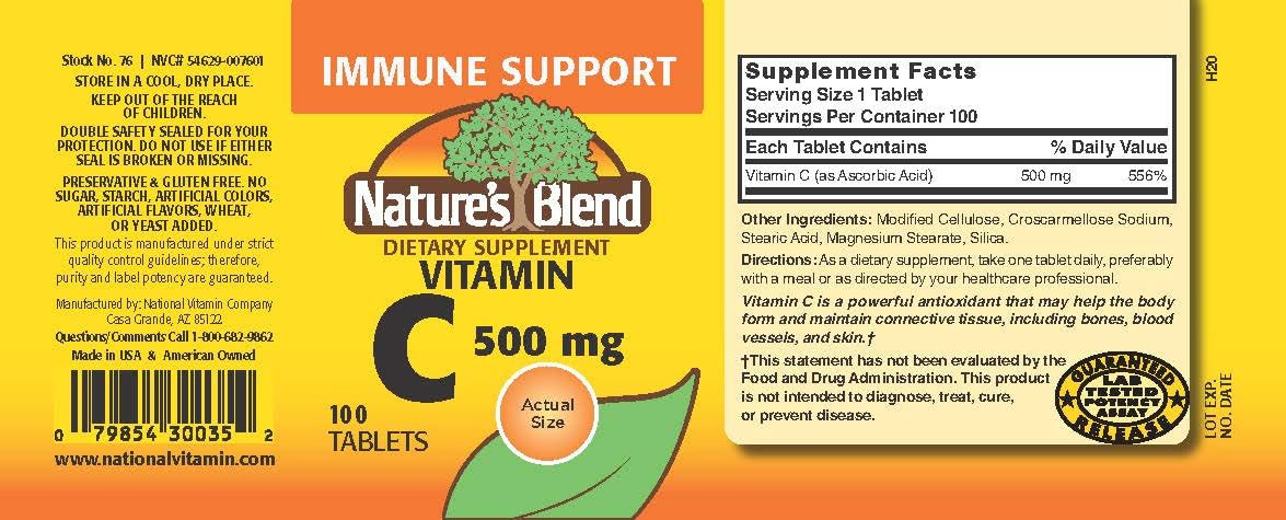 Nature's Blend Vitamin C tablets close-up showing 500 mg dosage for daily use.