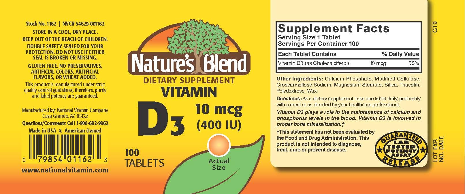 Nature's Blend Vitamin D 400 IU bottle with dosage markings visible