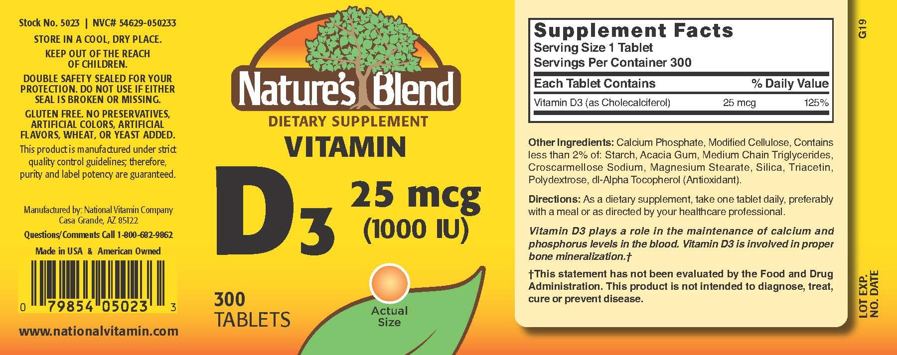 Nature's Blend Vitamin D3 1000 IU tablets inside bottle for daily use.