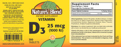 Nature's Blend Vitamin D3 1000 IU tablets inside bottle for daily use.