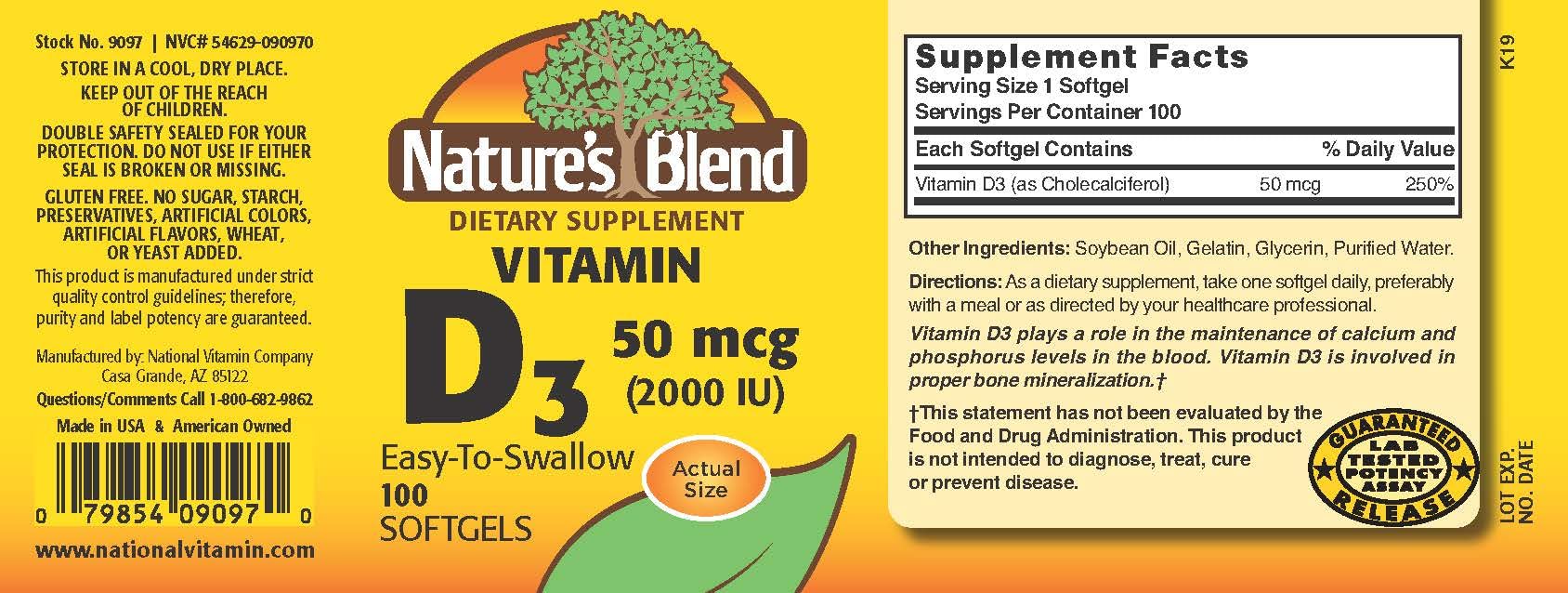 Nature's Blend Vitamin D3 softgels close-up highlighting compact capsules for daily bone support.