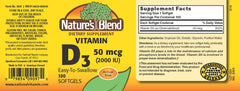 Nature's Blend Vitamin D3 softgels close-up highlighting compact capsules for daily bone support.