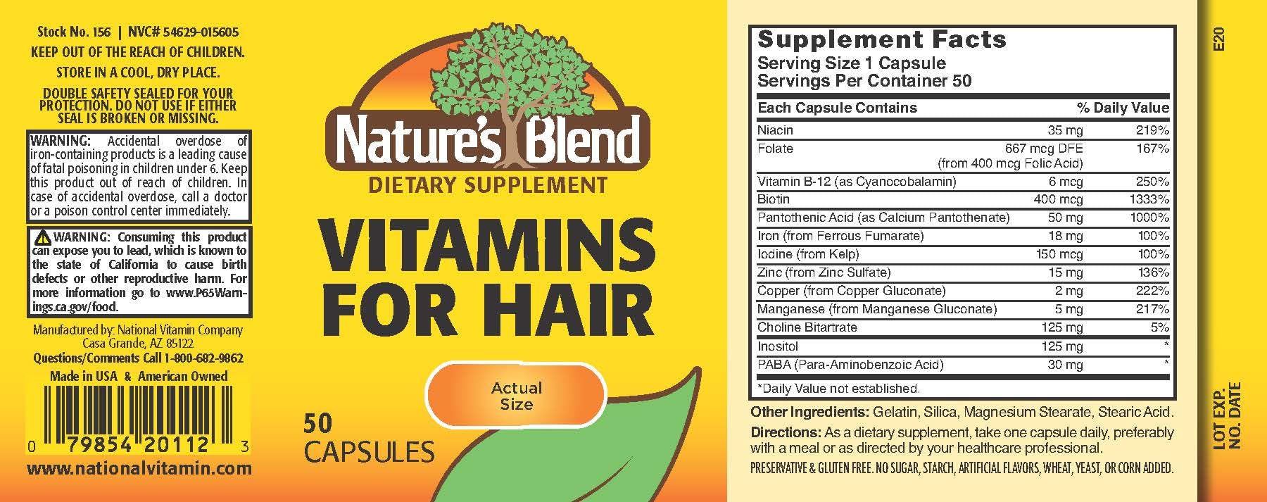 Nature's Blend Vitamins For Hair Capsules pack shot shows a 50-count bottle for steady daily use
