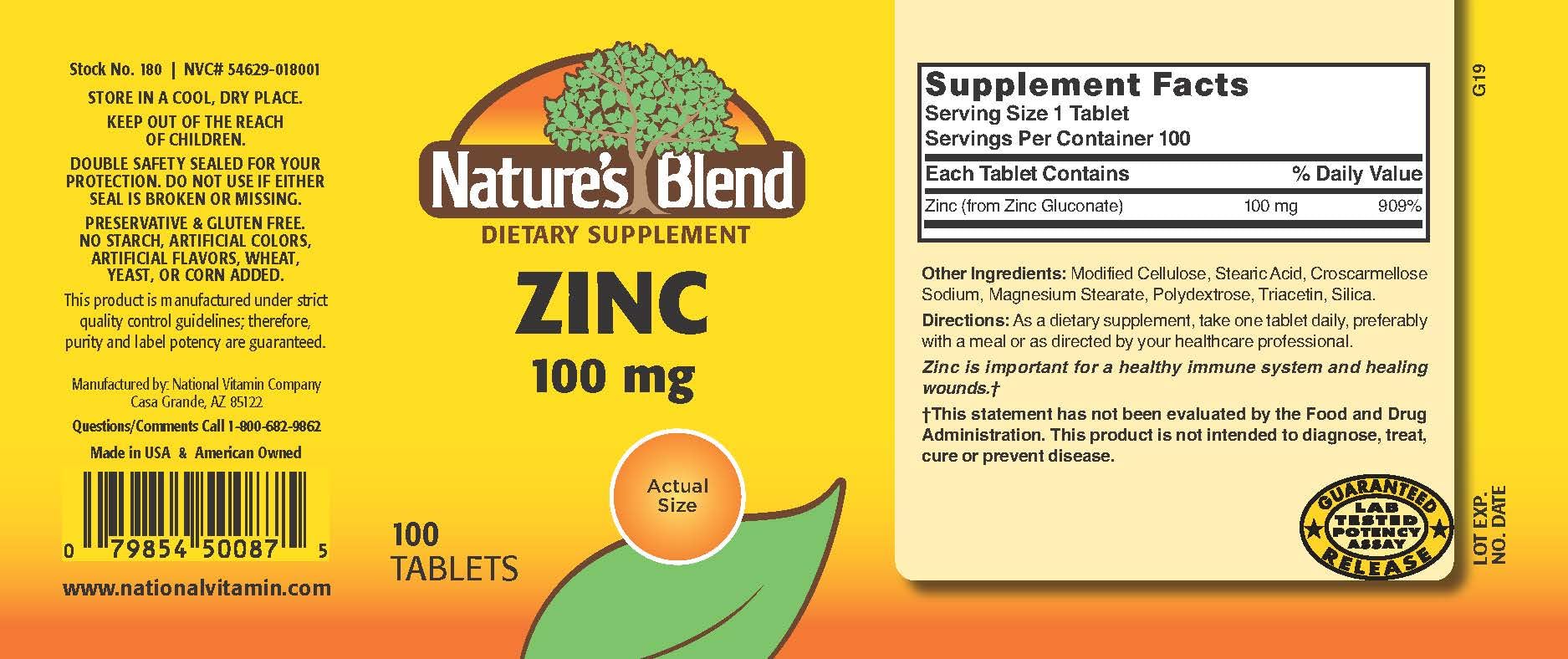 Nature's Blend Zinc Gluconate 100 mg bottle label highlighting product type for routine supplementation.