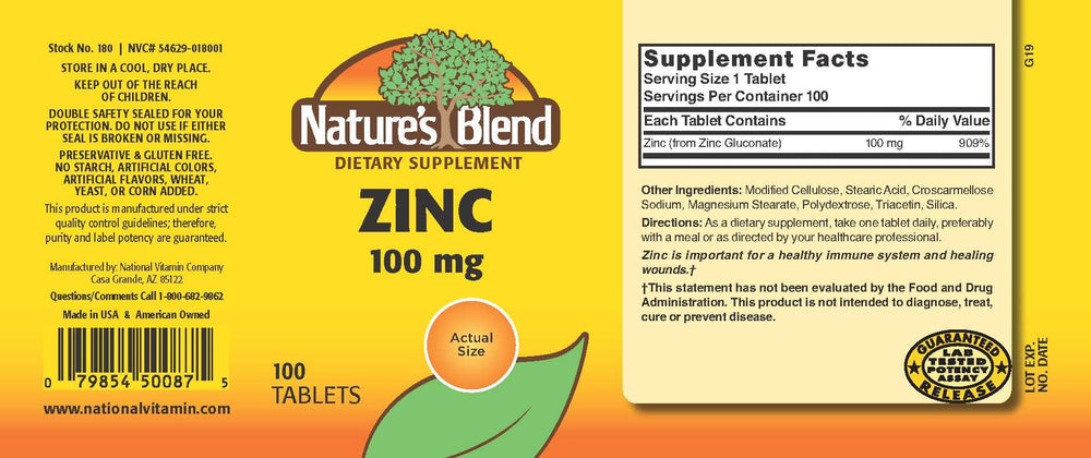 Nature's Blend Zinc Gluconate 100 mg bottle label highlighting product type for routine supplementation.