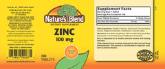 Nature's Blend Zinc Gluconate 100 mg bottle label highlighting product type for routine supplementation.