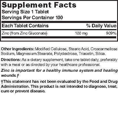 Nature's Blend Zinc Gluconate 100 mg packaging shows 100-count supply for easy planning.