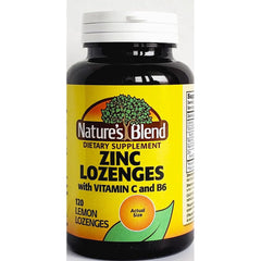 Nature's Blend zinc lozenges lemon bottle on shelf, easy daily use