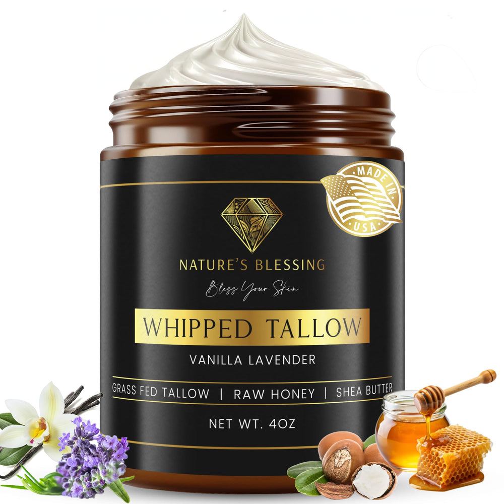 Nature's Blessing beef tallow cream bottle shows rich hydration for daily skin care.