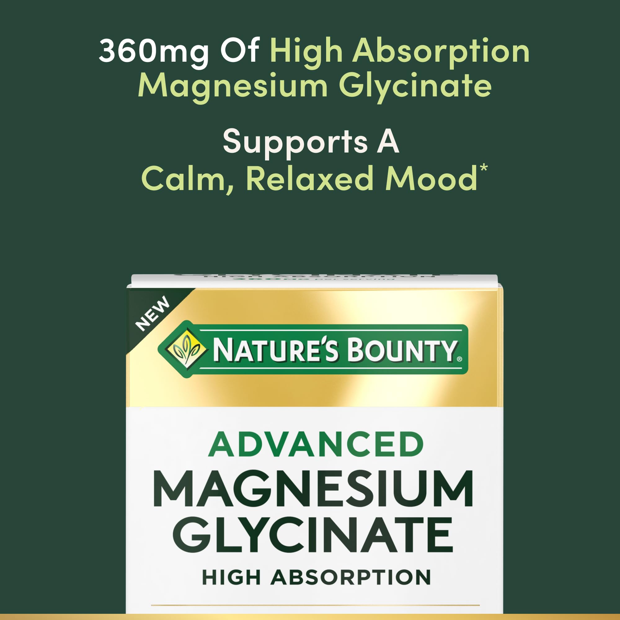 Nature's Bounty 360mg magnesium glycinate graphic emphasizes mineral content for daily use.